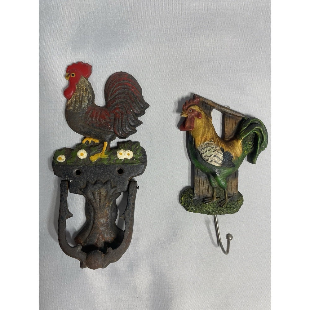 Rooster Cast Iron Door Knocker & Resin Rooster Wall Hook -Preowned